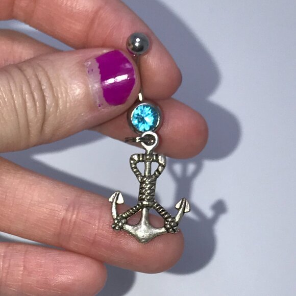Large Anchor with Rope and Aqua Blue Gem Dangle Belly Ring - Picture 7 of 8